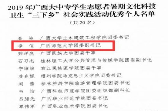 广西师范大学在2019年全国、全区大中专学生志愿者暑期“三下乡”社会实践活动中荣获佳绩